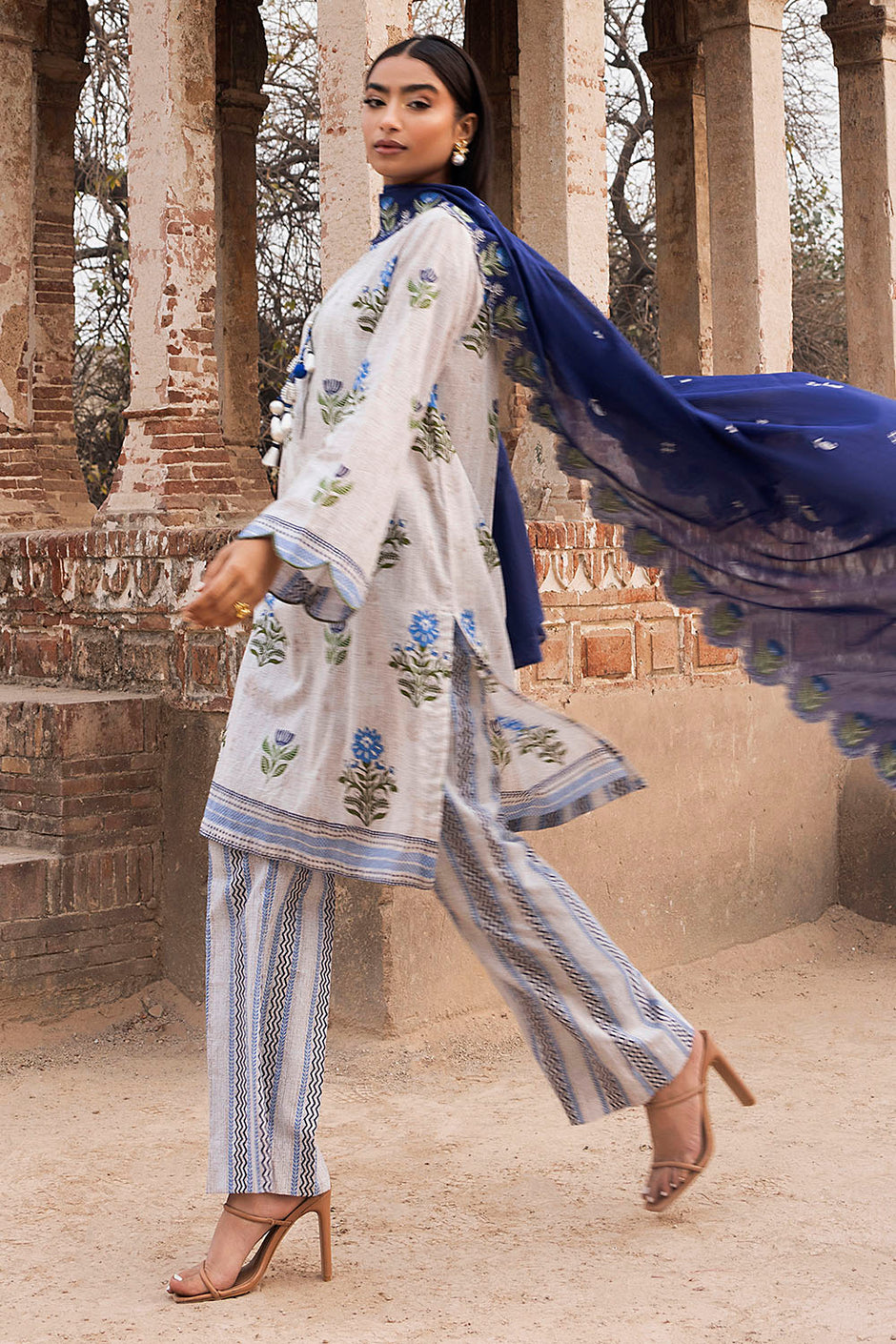 3 Piece Printed Lawn Suit with Embroidered Denting Dupatta and Printed Trouser