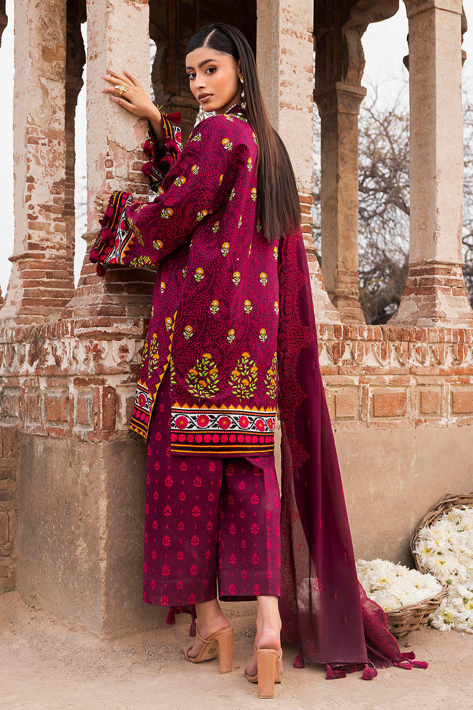 3 Piece Printed Lawn Suit with Embroidered Denting Dupatta and Printed Trouser