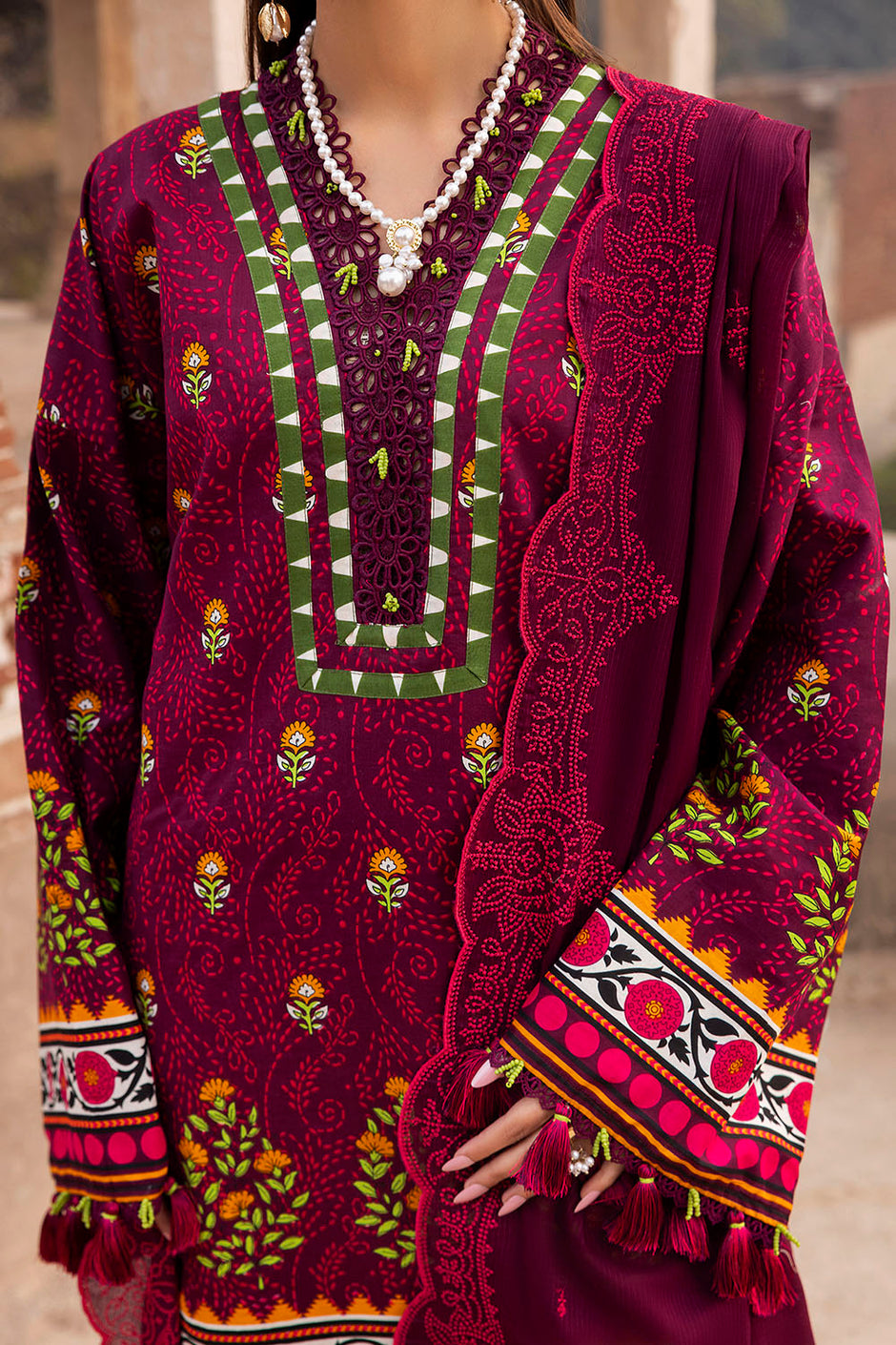 3 Piece Printed Lawn Suit with Embroidered Denting Dupatta and Printed Trouser