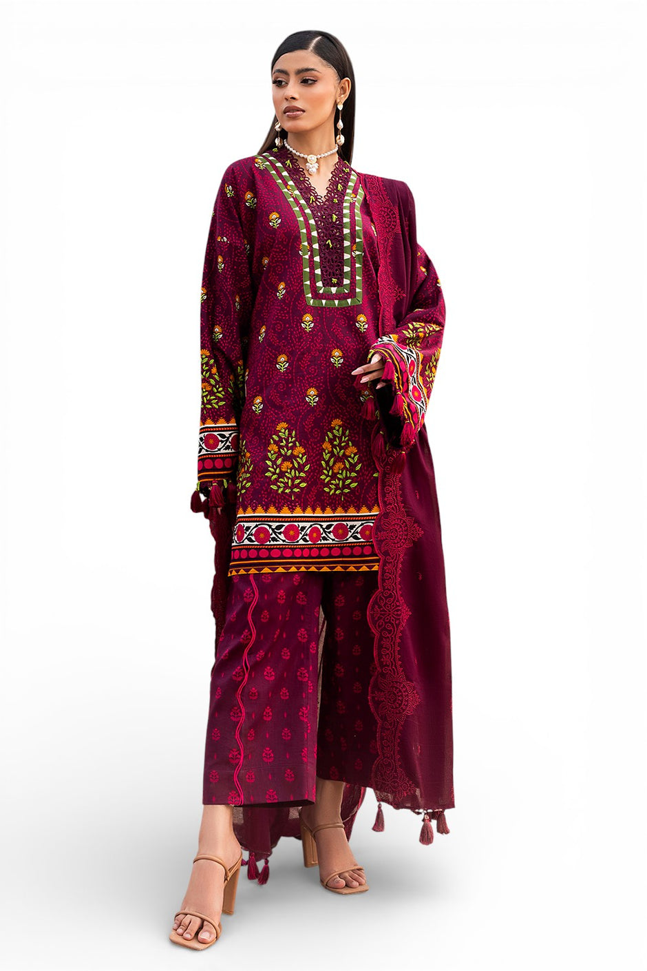 3 Piece Printed Lawn Suit with Embroidered Denting Dupatta and Printed Trouser