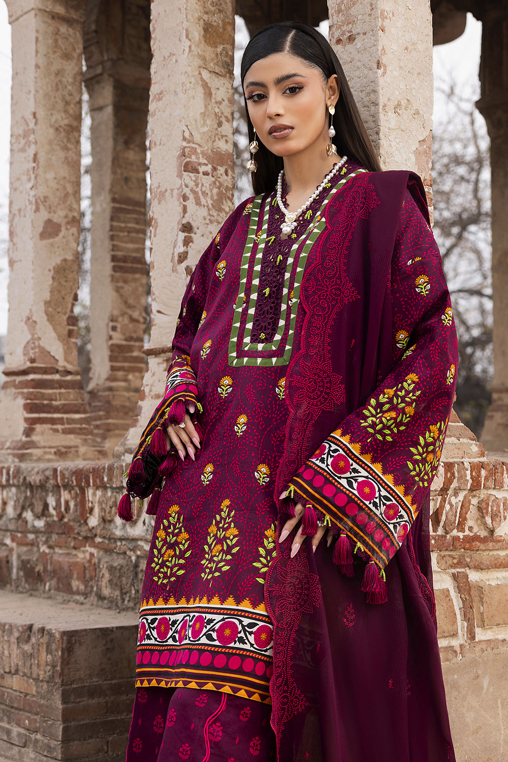 3 Piece Printed Lawn Suit with Embroidered Denting Dupatta and Printed Trouser