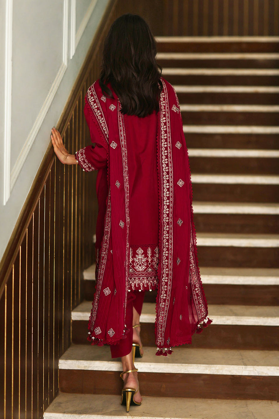 3 Piece Embroidered Raw Silk Suit with Borders and Embroidered Polyester Dupatta