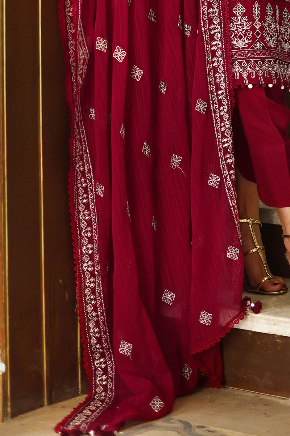 3 Piece Embroidered Raw Silk Suit with Borders and Embroidered Polyester Dupatta