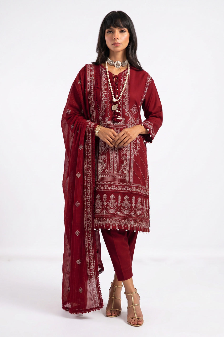 3 Piece Embroidered Raw Silk Suit with Borders and Embroidered Polyester Dupatta
