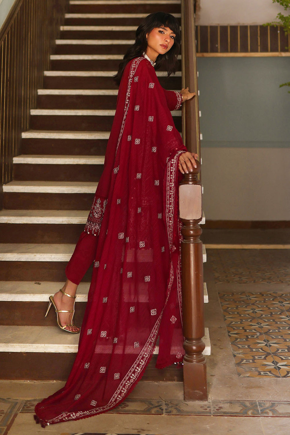 3 Piece Embroidered Raw Silk Suit with Borders and Embroidered Polyester Dupatta
