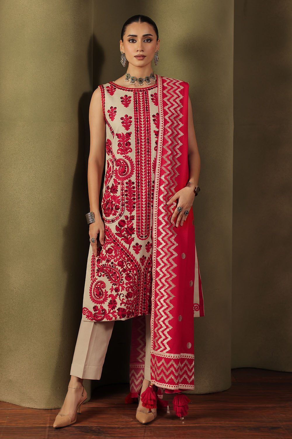 3 Piece Embroidered Linen Stripe Suit