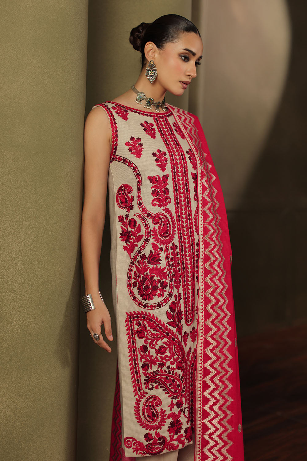 3 Piece Embroidered Linen Stripe Suit