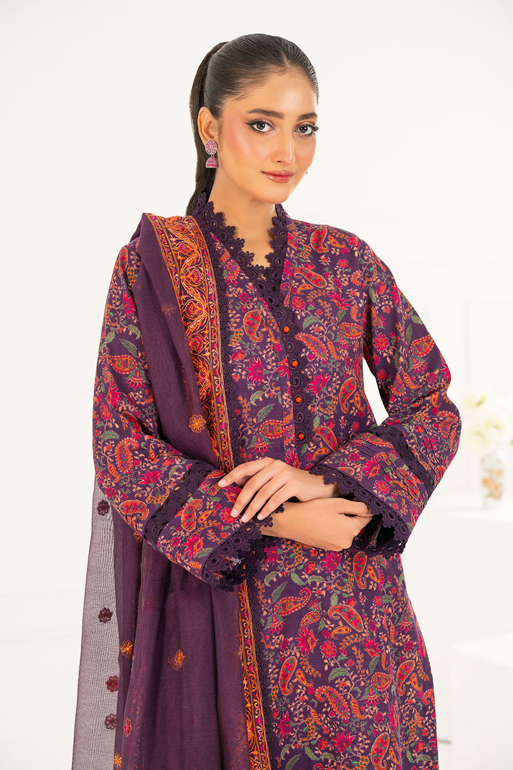 3 Piece Embroidered Khaddar Suit with Net Dupatta CN-52007