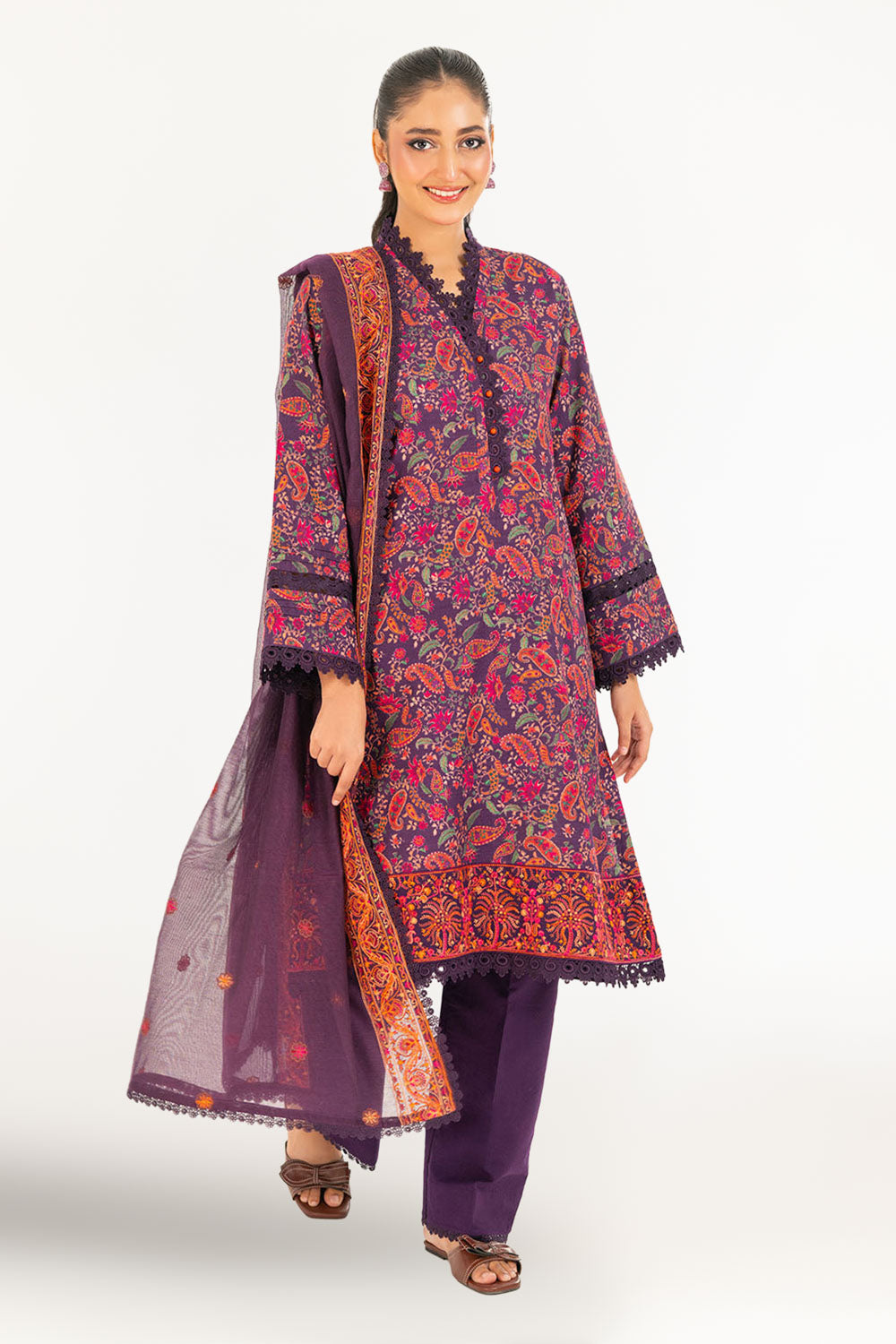 3 Piece Embroidered Khaddar Suit with Net Dupatta