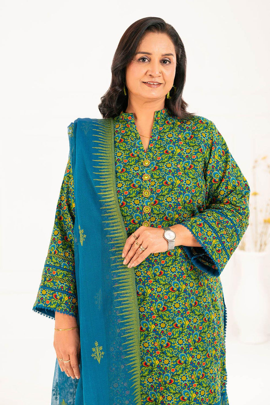 3 Piece Embroidered Khaddar Suit with Net Dupatta