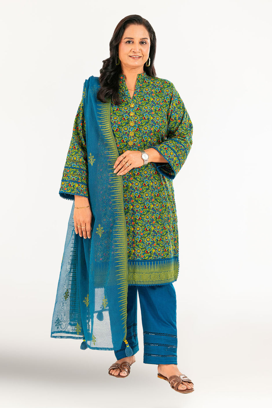3 Piece Embroidered Khaddar Suit with Net Dupatta