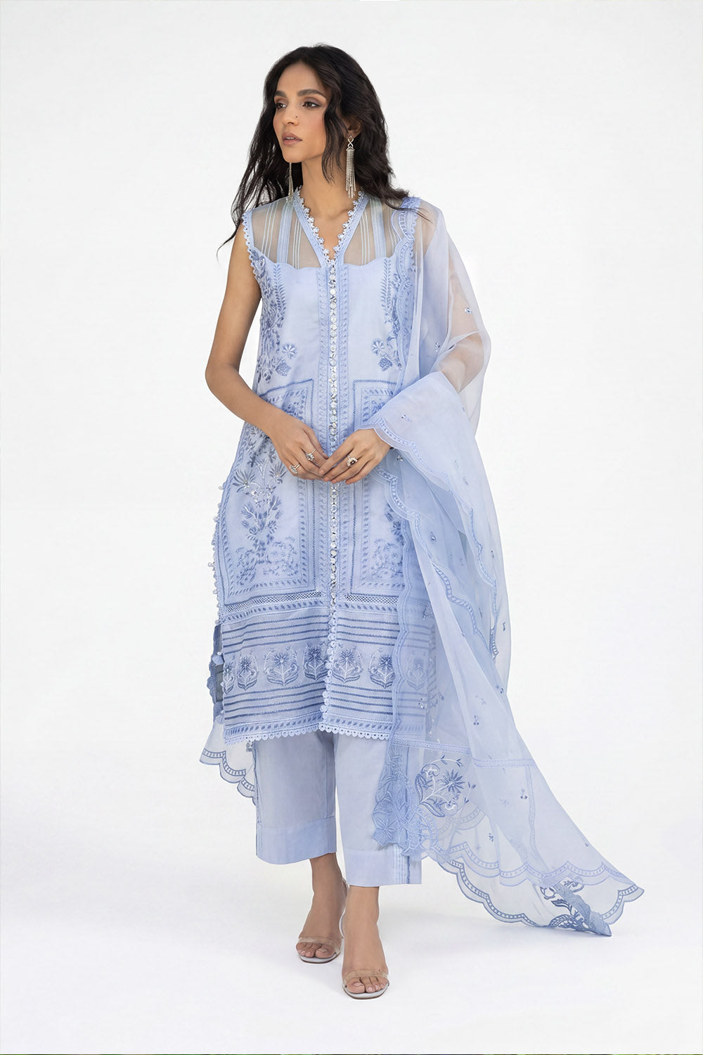 3 Piece Embroidered Paper Cotton Suit with Inner and Embroidered Borders and Embroidered Organza Dupatta