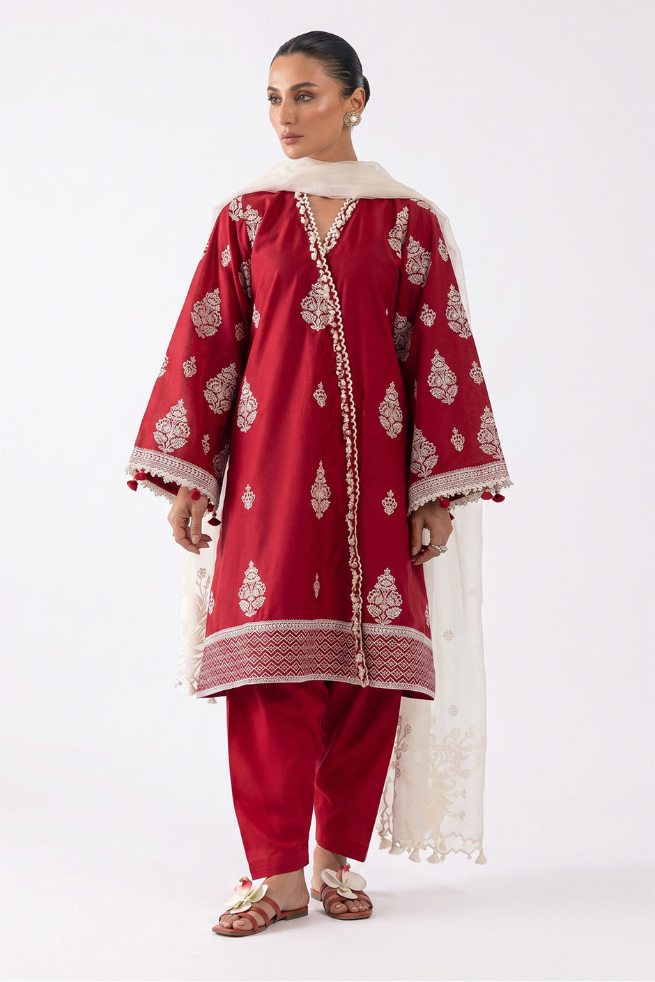 3 Piece Embroidered Lawn Suit with Embroidered Organza Borders and Embroidered Organza Dupatta