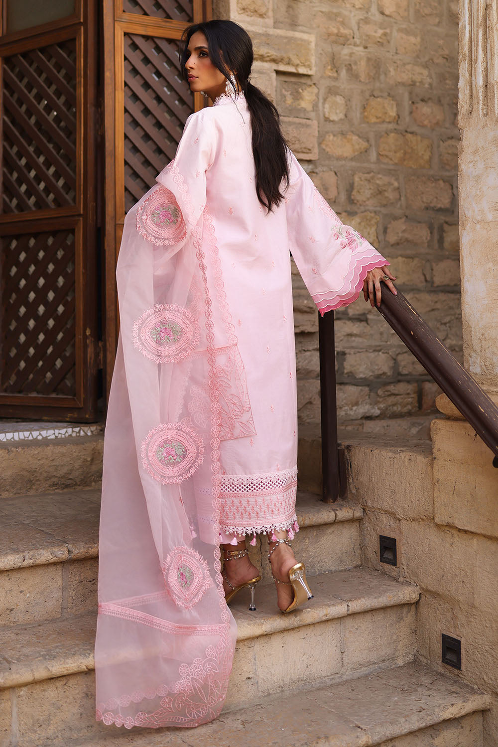 3 Piece Embroidered Lawn Suit with Borders and Embroidered Organza Dupatta