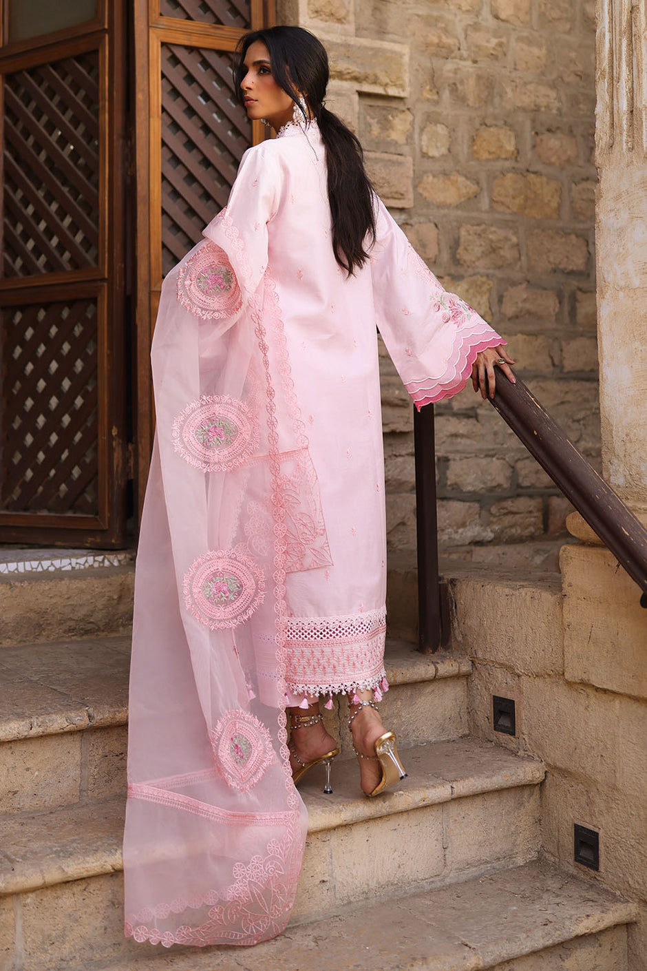3 Piece Embroidered Lawn Suit with Borders and Embroidered Organza Dupatta