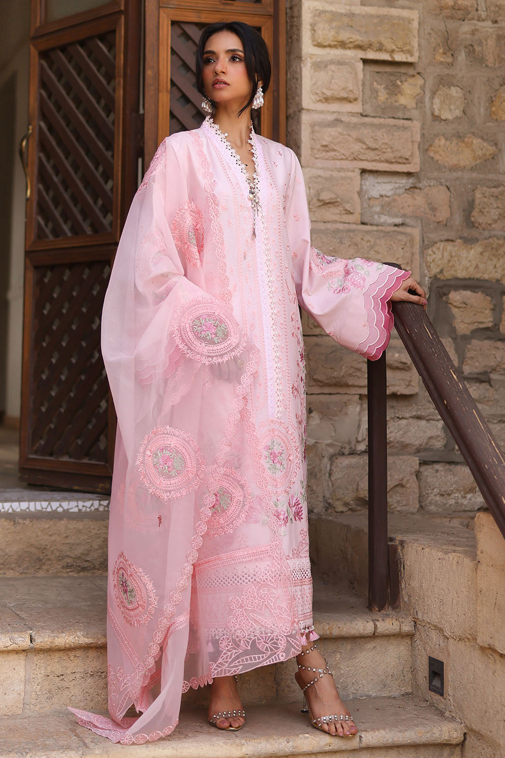 3 Piece Embroidered Lawn Suit with Borders and Embroidered Organza Dupatta
