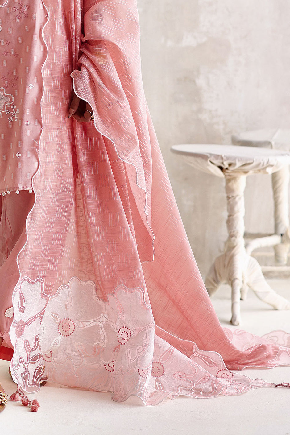 3 Piece Embroidered Jacquard Suit with Paper Cotton Dupatta and Embroidered Pallu