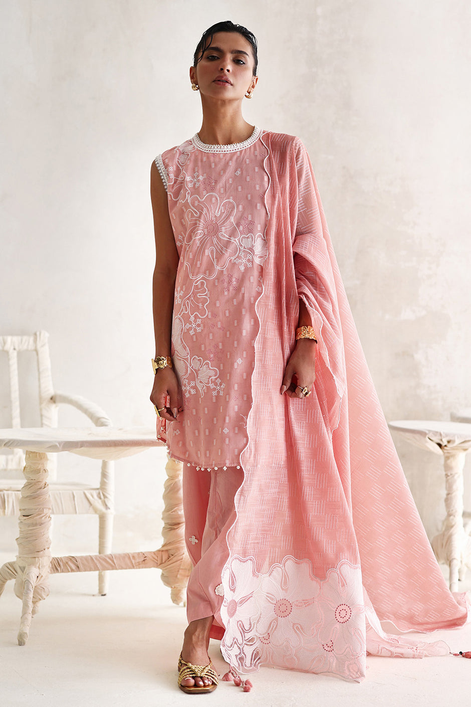 3 Piece Embroidered Jacquard Suit with Paper Cotton Dupatta and Embroidered Pallu