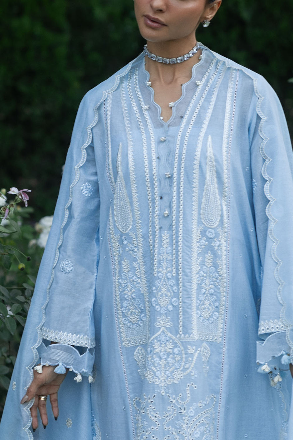 3 Piece Embroidered Lawn Suit with Embroidered Organza Borders and Embroidered Paper Cotton Dupatta