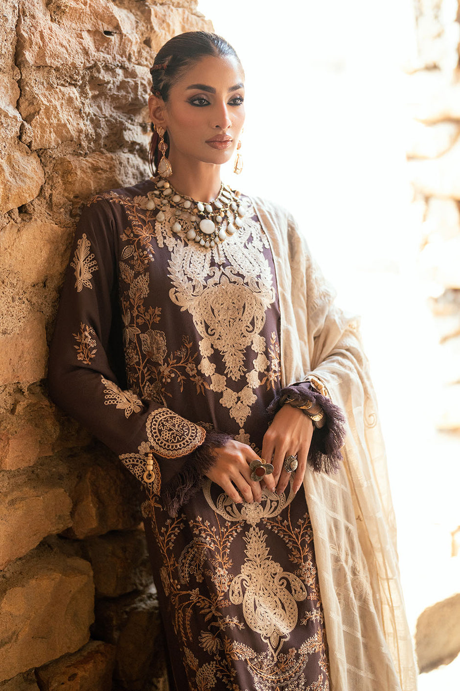 3 Piece Embroidered Pashmina Suit with Embroidered Karandi Shirt and Dyed Trouser