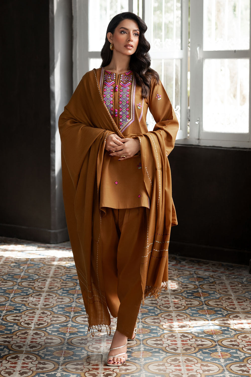 3 Piece Embroidered Khaddar Suit with Pashmina Shawl AP-52019