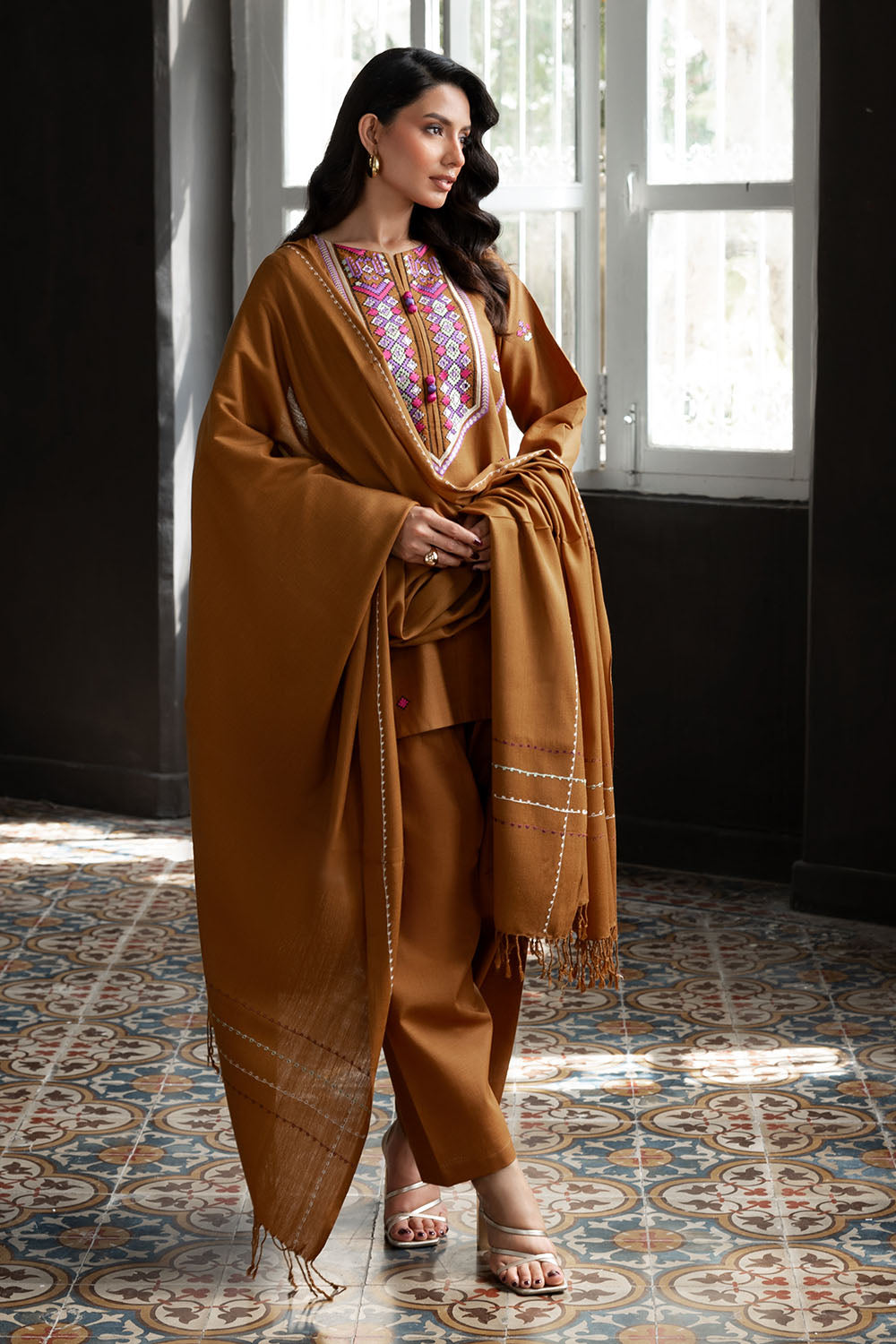 3 Piece Embroidered Khaddar Suit with Pashmina Shawl AP-52019