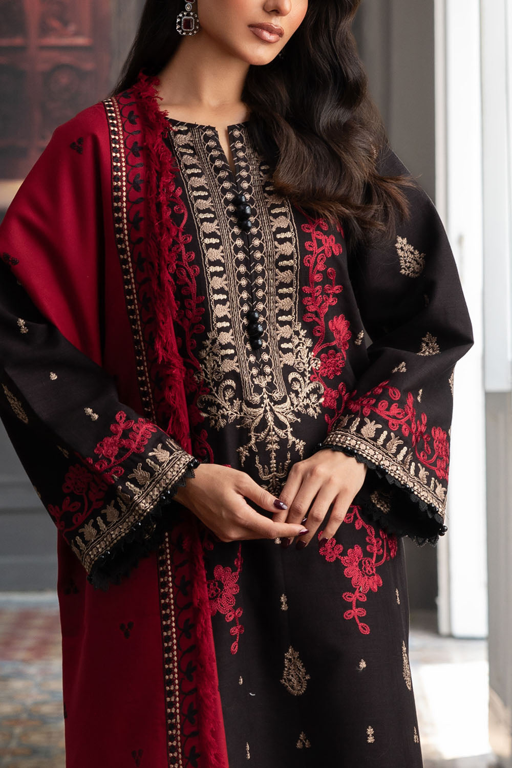 3 Piece Embroidered Khaddar Suit with Pashmina Shawl AP-52013