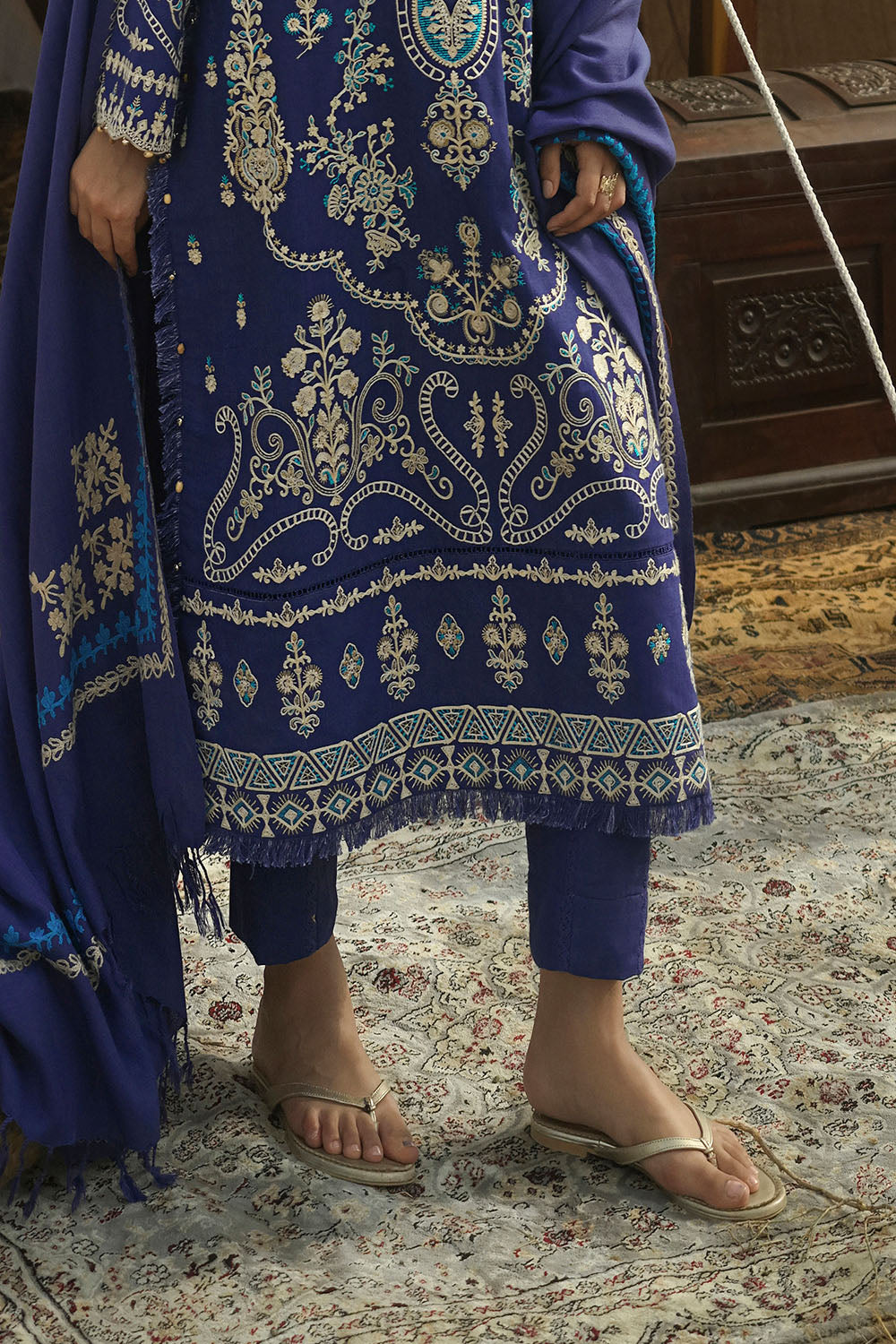 3 Piece Embroidered Khaddar Suit with Embroidered Pashmina Dupatta