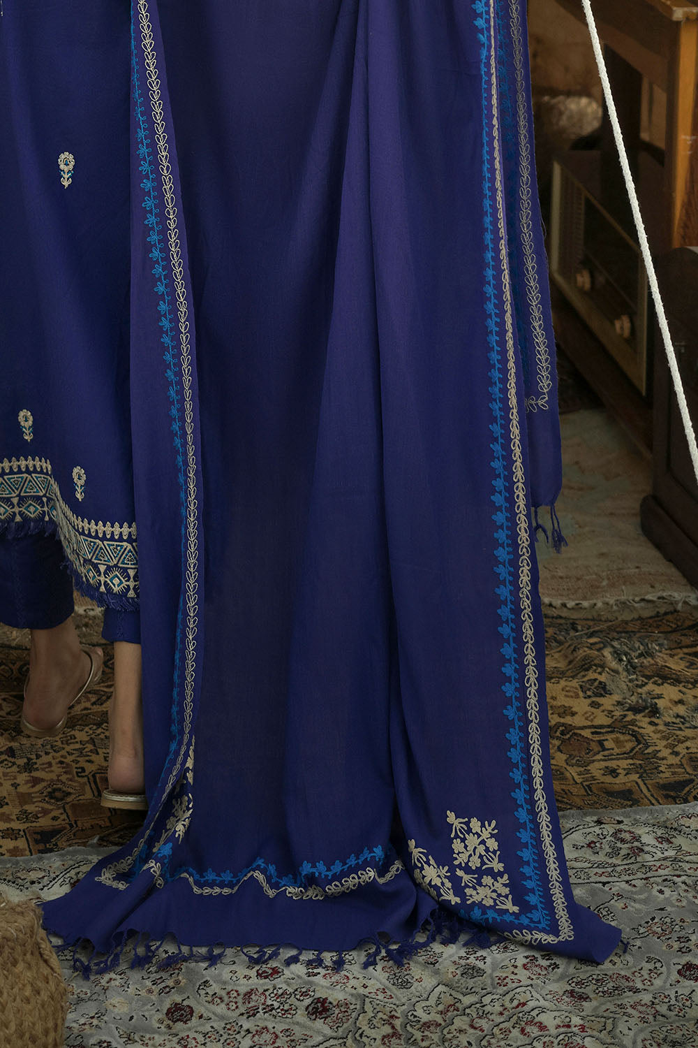 3 Piece Embroidered Khaddar Suit with Embroidered Pashmina Dupatta
