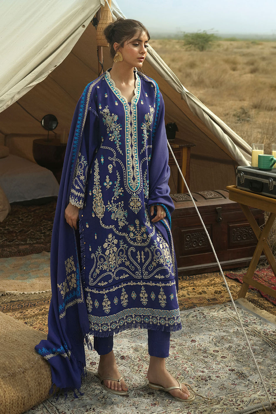 3 Piece Embroidered Khaddar Suit with Embroidered Pashmina Dupatta