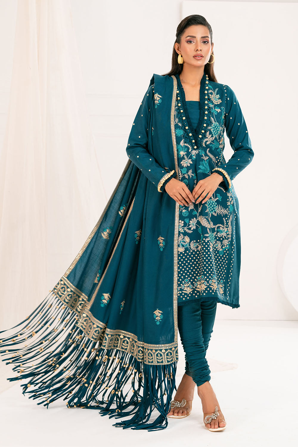3 Piece Unstitched Embroidered Pashmina Suit with Embroidered Shawl