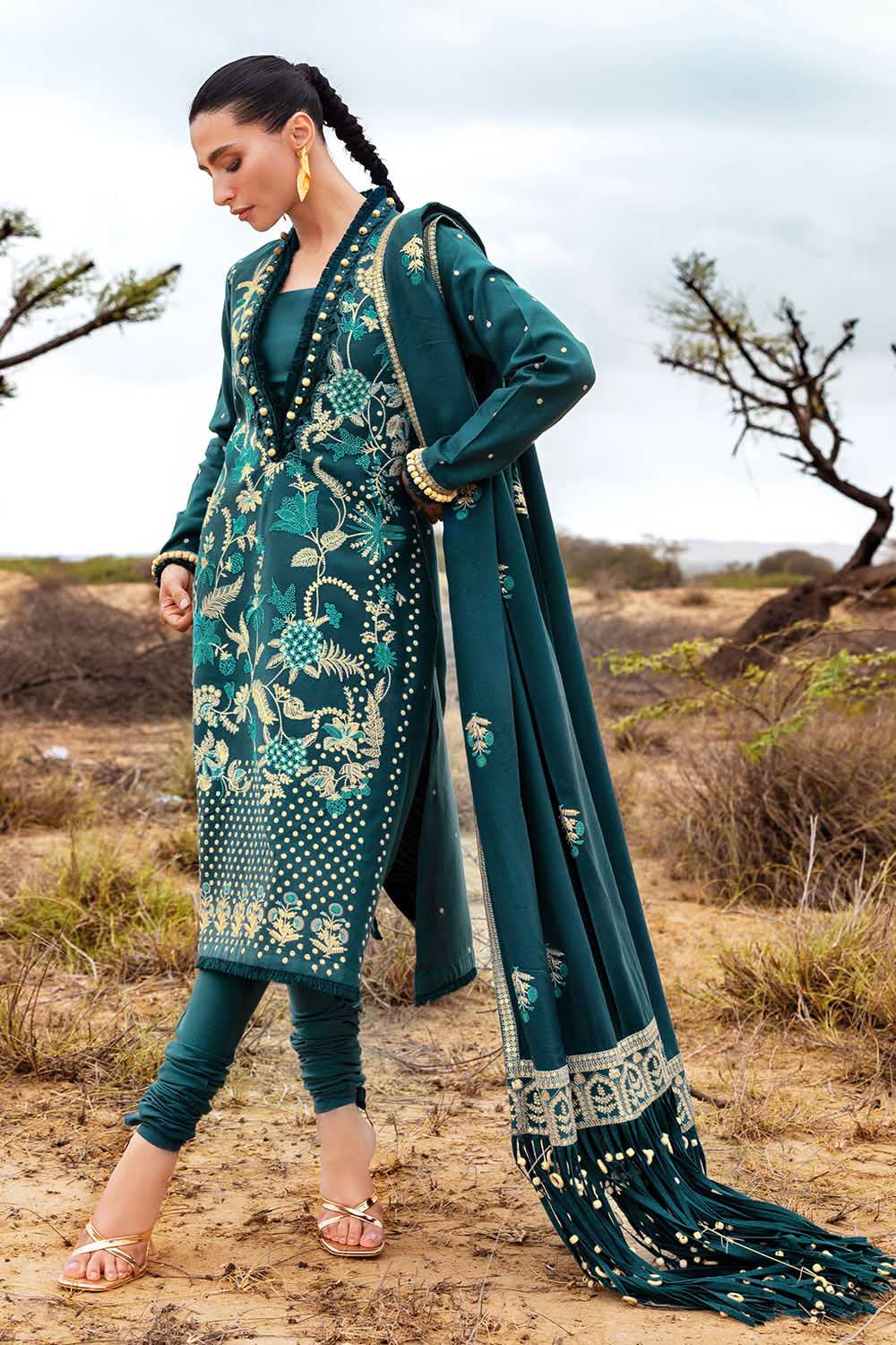3 Piece Unstitched Embroidered Pashmina Suit with Embroidered Shawl