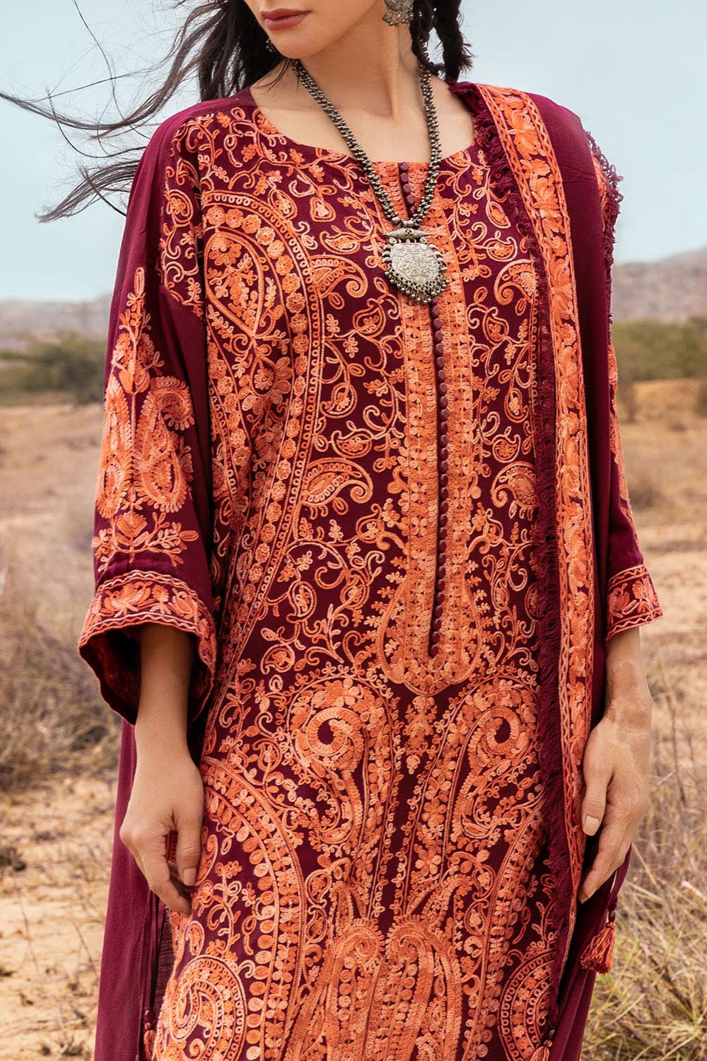 3 Piece Unstitched Embroidered Pashmina Suit with Embroidered Shawl AP-52011