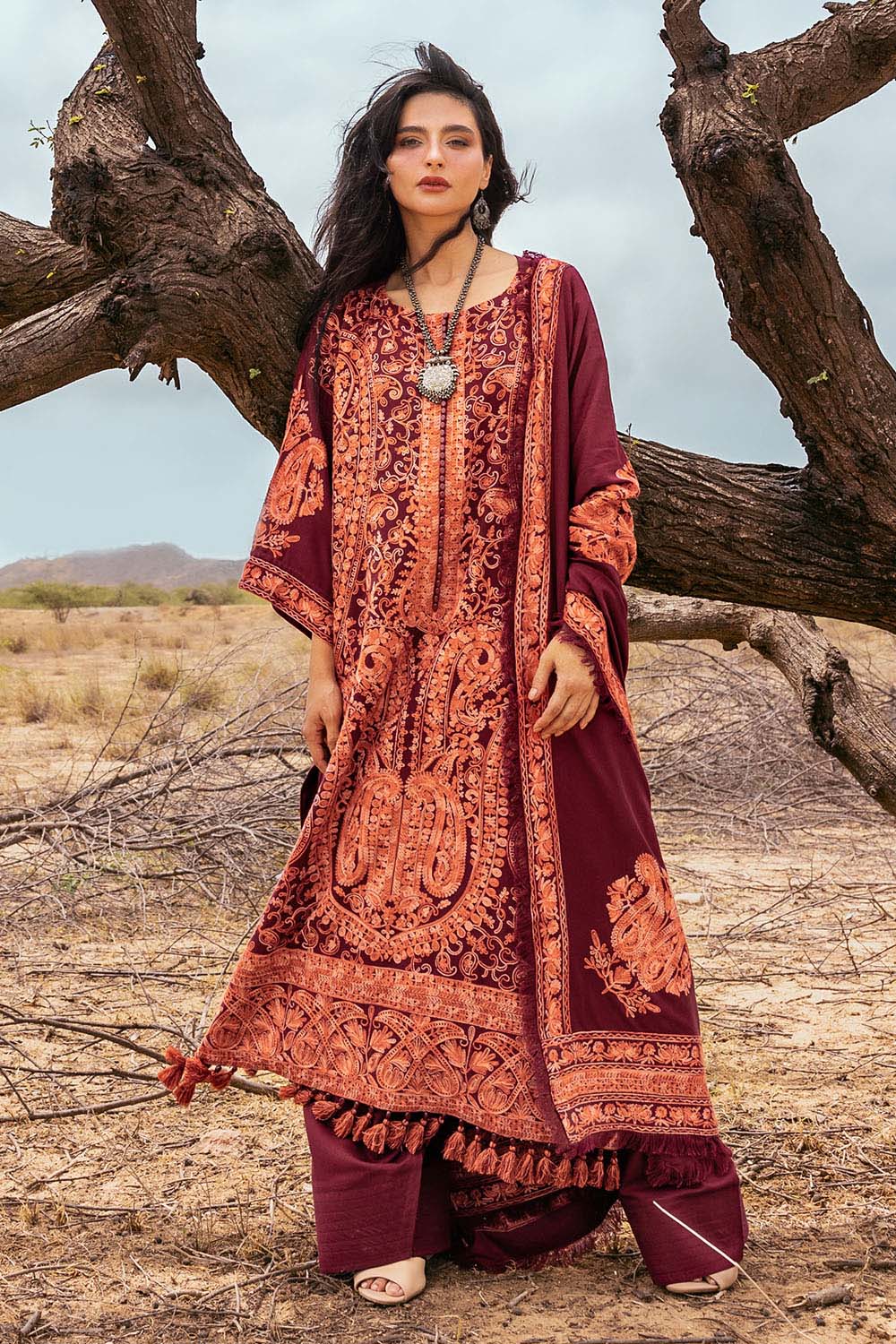 3 Piece Unstitched Embroidered Pashmina Suit with Embroidered Shawl AP-52011