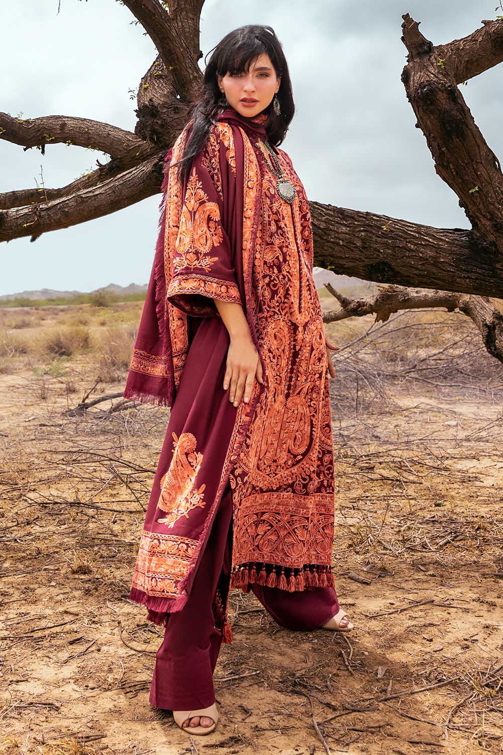 3 Piece Unstitched Embroidered Pashmina Suit with Embroidered Shawl AP-52011