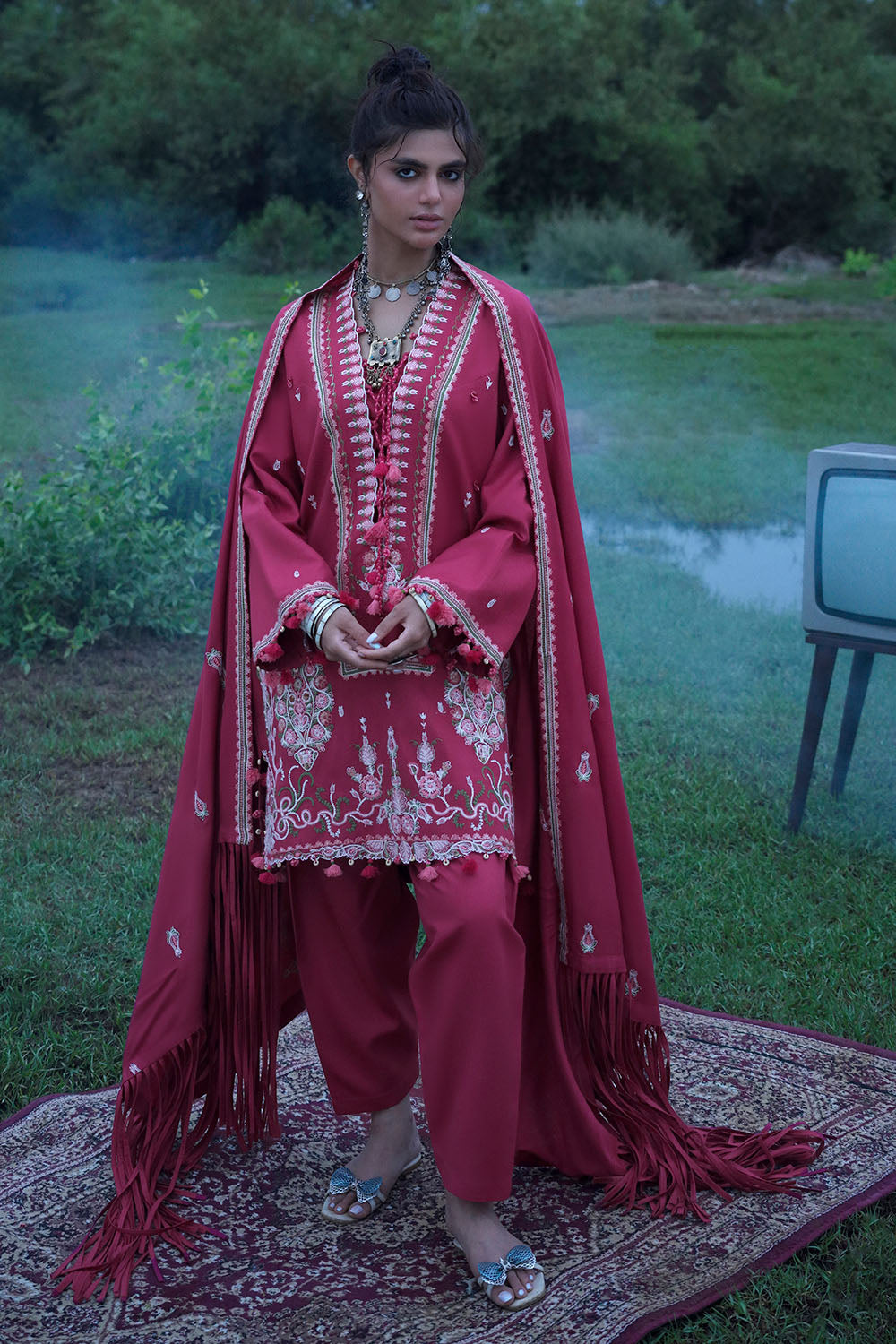 3 Piece Embroidered Pashmina Suit with Embroidered Pashmina Dupatta