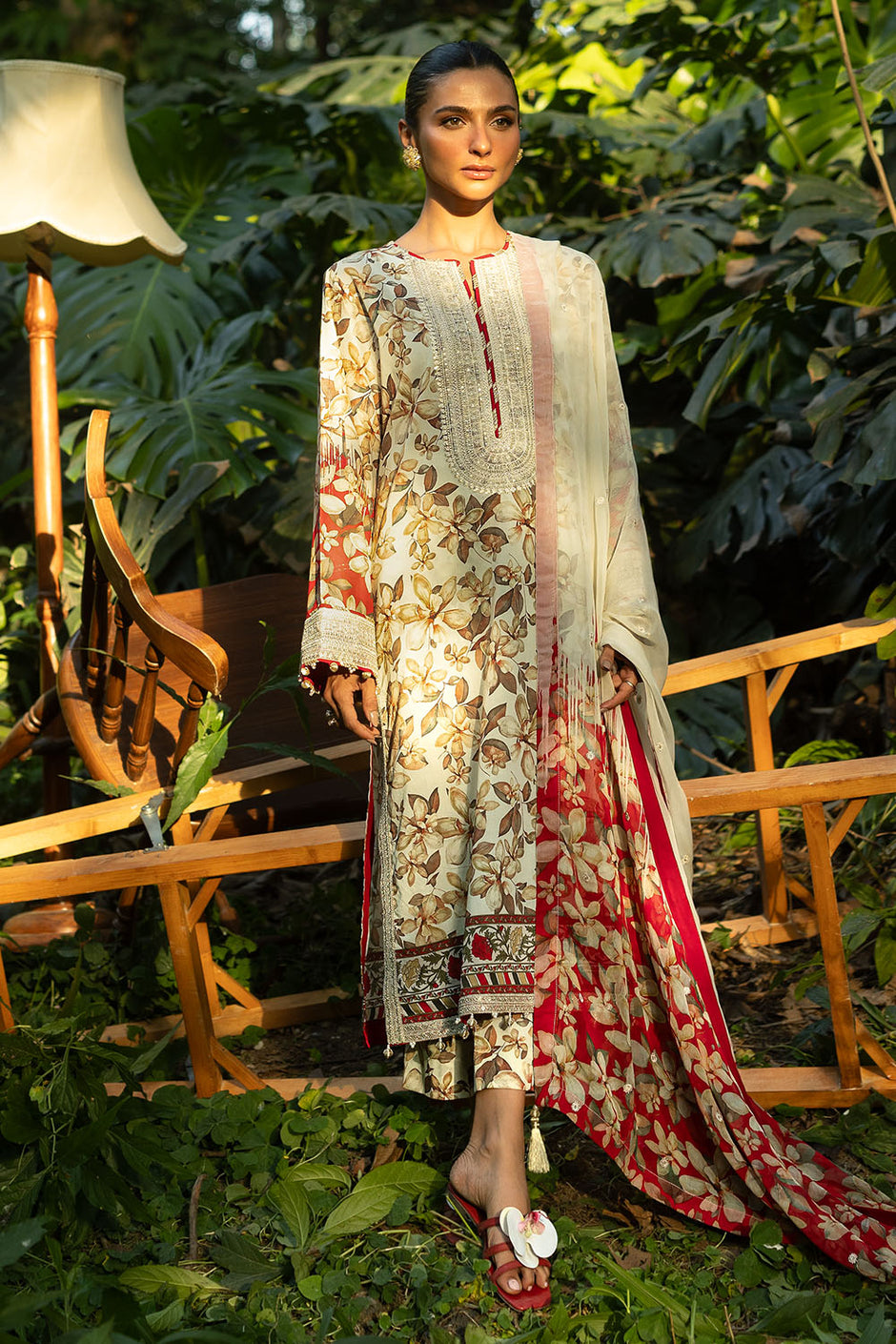 3 Piece Printed Lawn Suit with Embroidered Organza Details and Embroidered Printed Chiffon Dupatta
