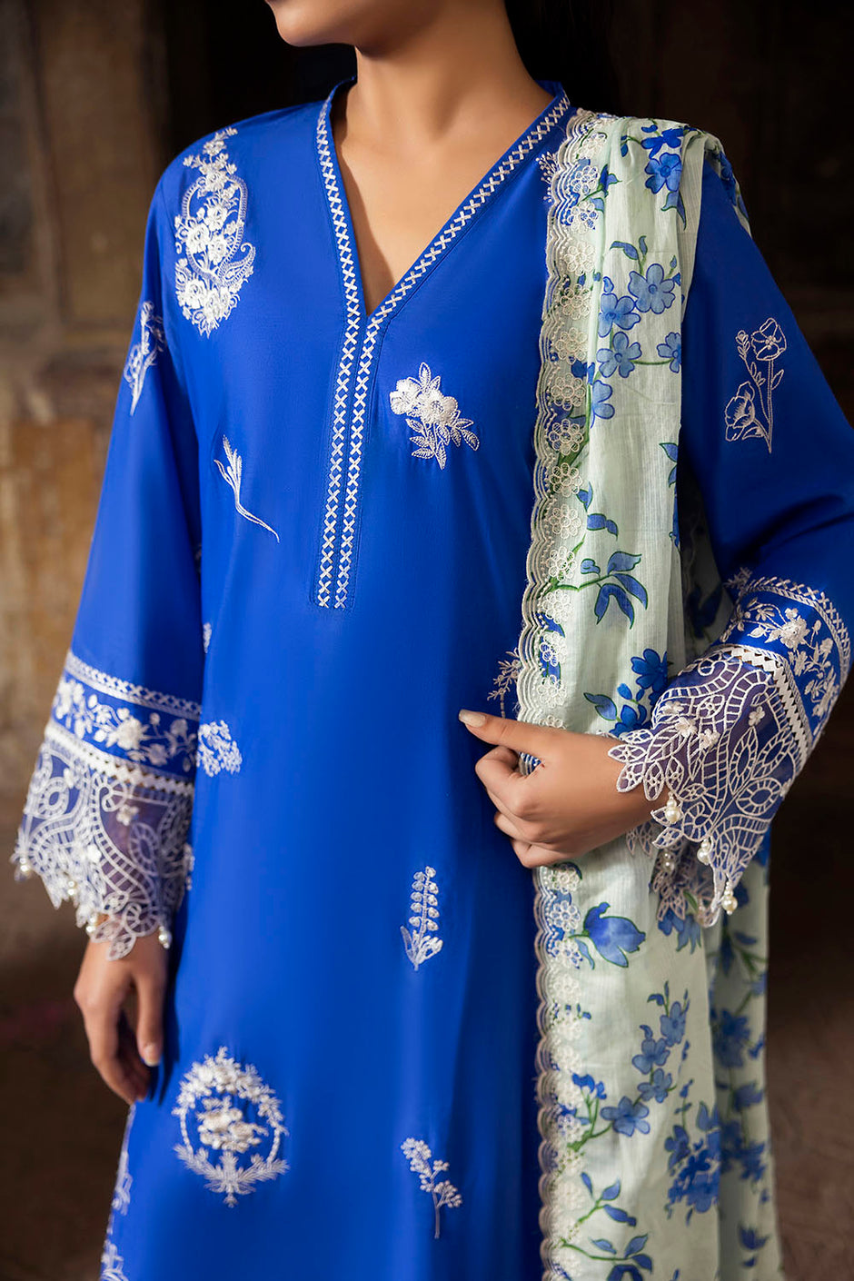 3 Piece Embroidered Lawn Suit with Embroidered Printed Denting Dupatta and Embroidered Trouser Border