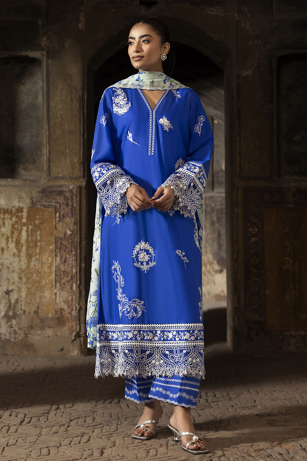 3 Piece Embroidered Lawn Suit with Embroidered Printed Denting Dupatta and Embroidered Trouser Border