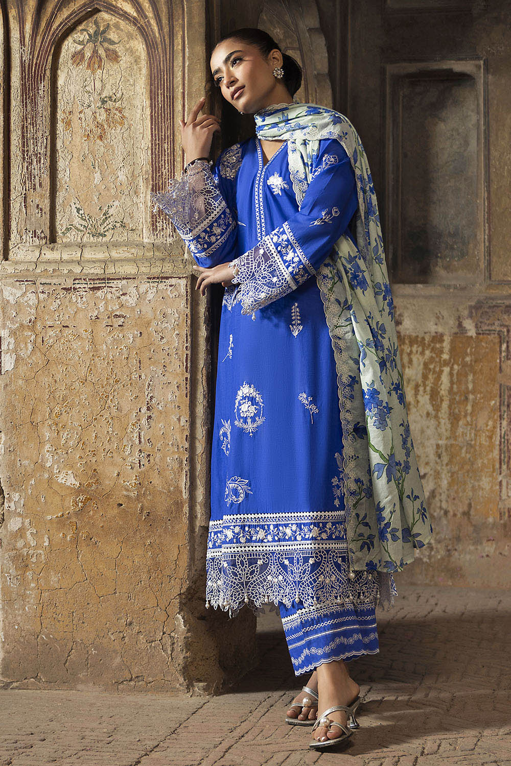 3 Piece Embroidered Lawn Suit with Embroidered Printed Denting Dupatta and Embroidered Trouser Border