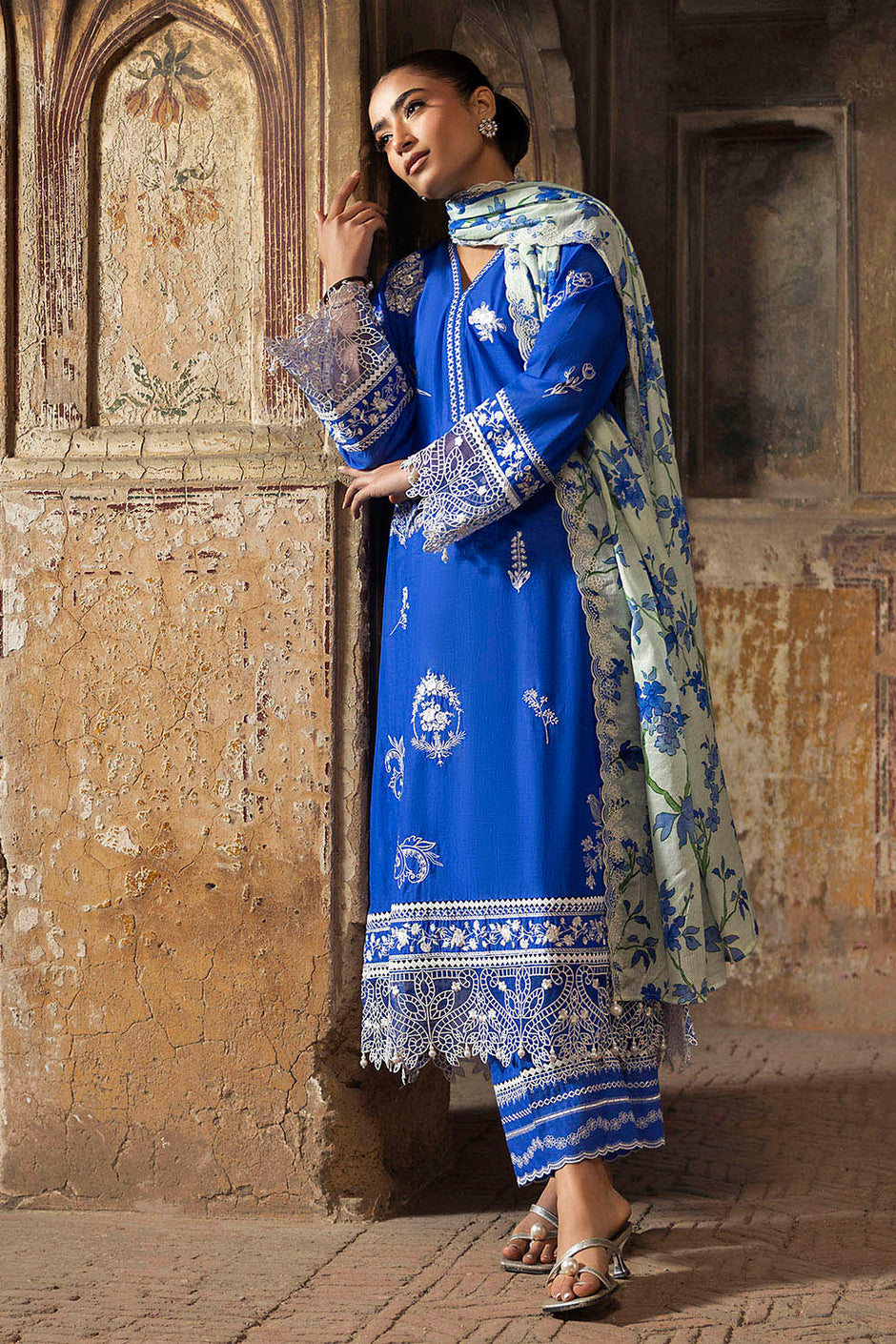 3 Piece Embroidered Lawn Suit with Embroidered Printed Denting Dupatta and Embroidered Trouser Border