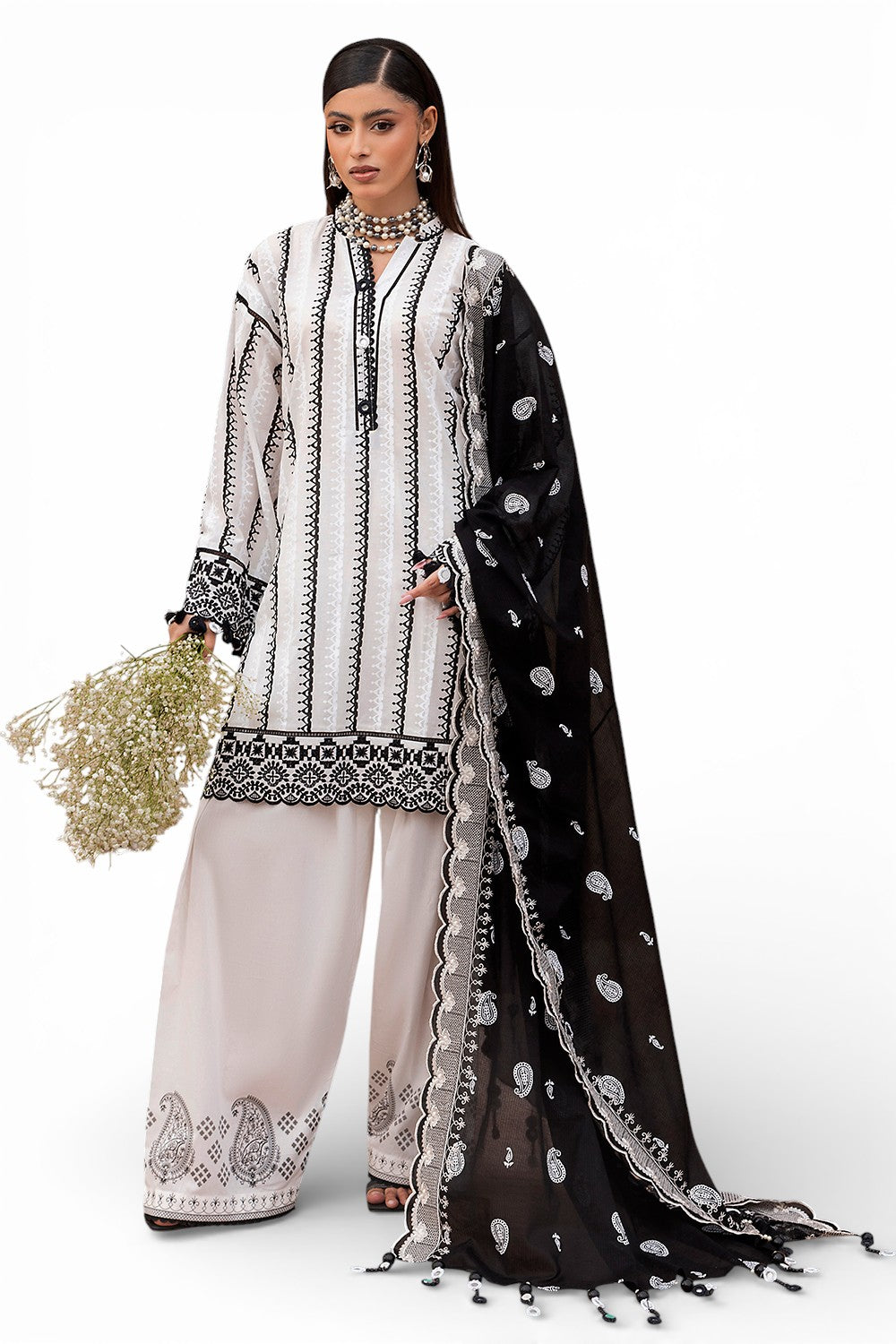 3 Piece Lacquer Printed Lawn Suit with Embroidered Lacquer Printed Denting Dupatta and Printed Trouser DN-62025