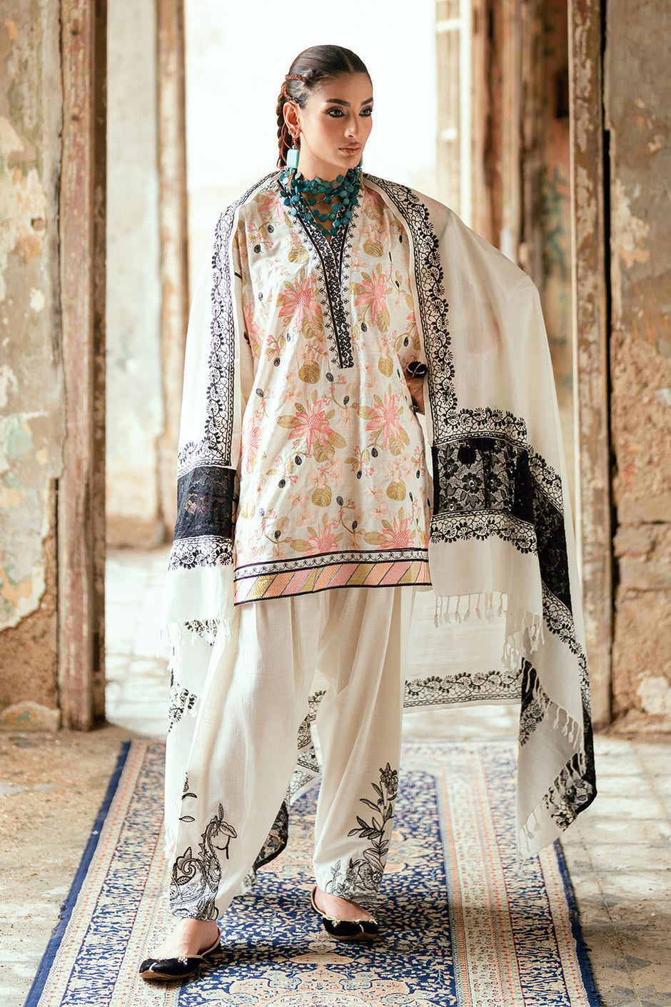 3 Piece Embroidered Lacquer Printed Pashmina Suit with Embroidered Khaddar Shirt and Trouser