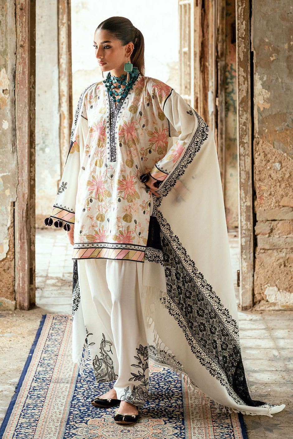 3 Piece Embroidered Lacquer Printed Pashmina Suit with Embroidered Khaddar Shirt and Trouser