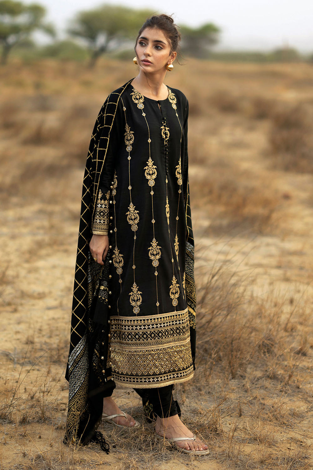 3 Piece Embroidered Khaddar Suit with Gold & Lacquer Printed Pashmina Dupatta