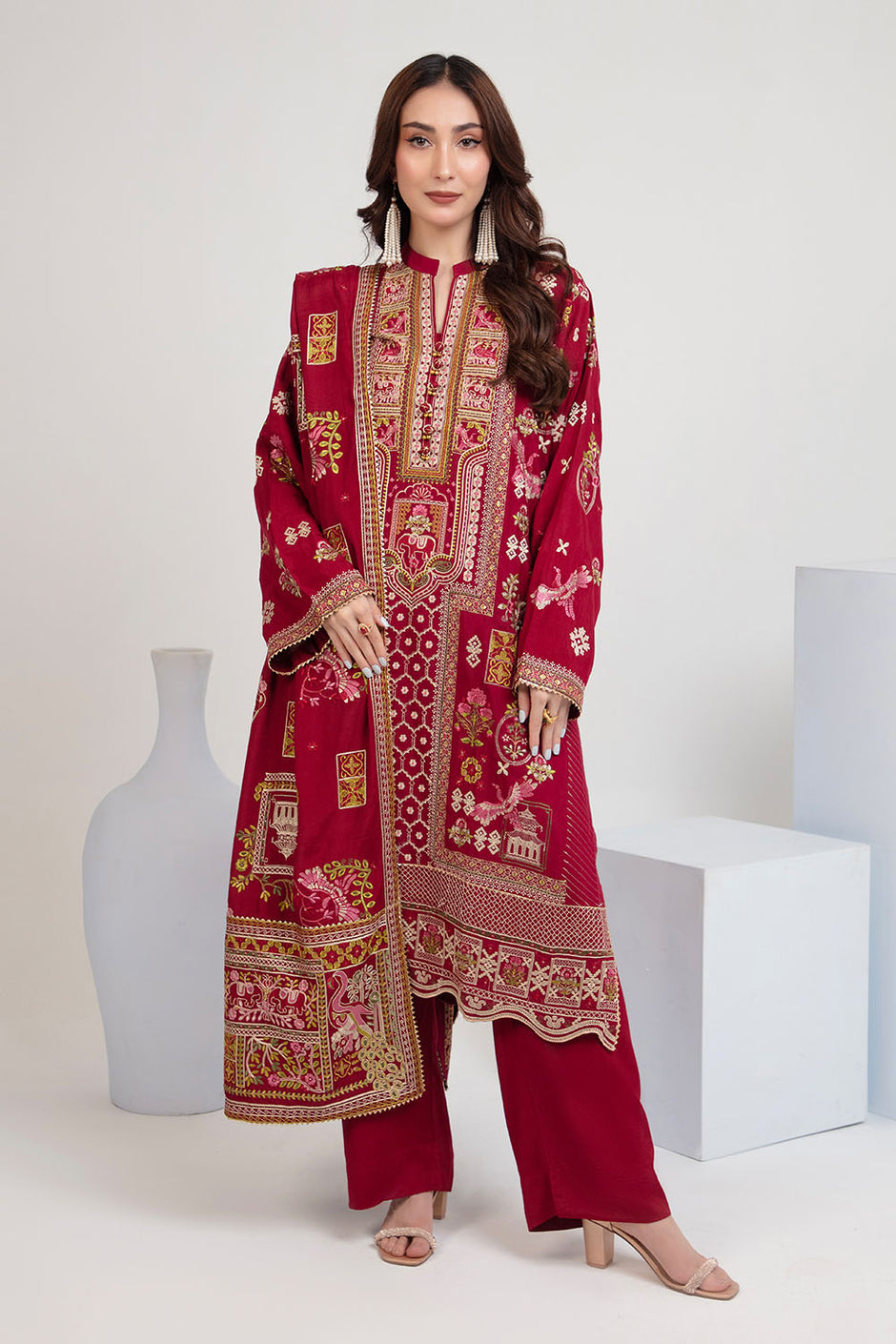 3 Piece Embroidered Raw Silk Suit with Dupatta