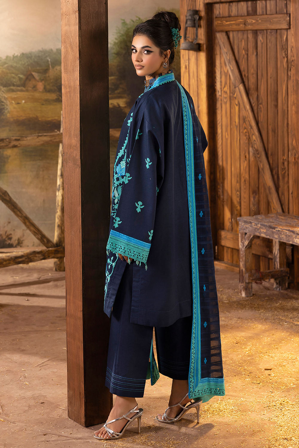 3 Piece Stripe Embroidered Khaddar Suit with Borders and Back K-52102
