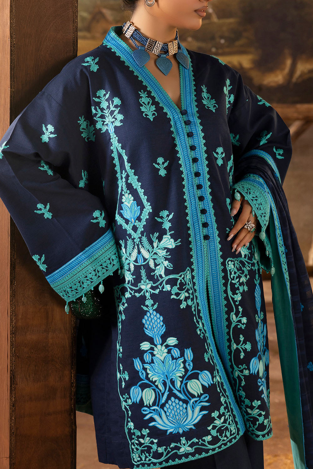 3 Piece Stripe Embroidered Khaddar Suit with Borders and Back K-52102