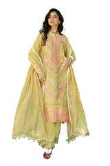 3 Piece Embroidered Paper Cotton Suit with Inner and Embroidered Borders and Embroidered Zari Stripe Paper Cotton Dupatta