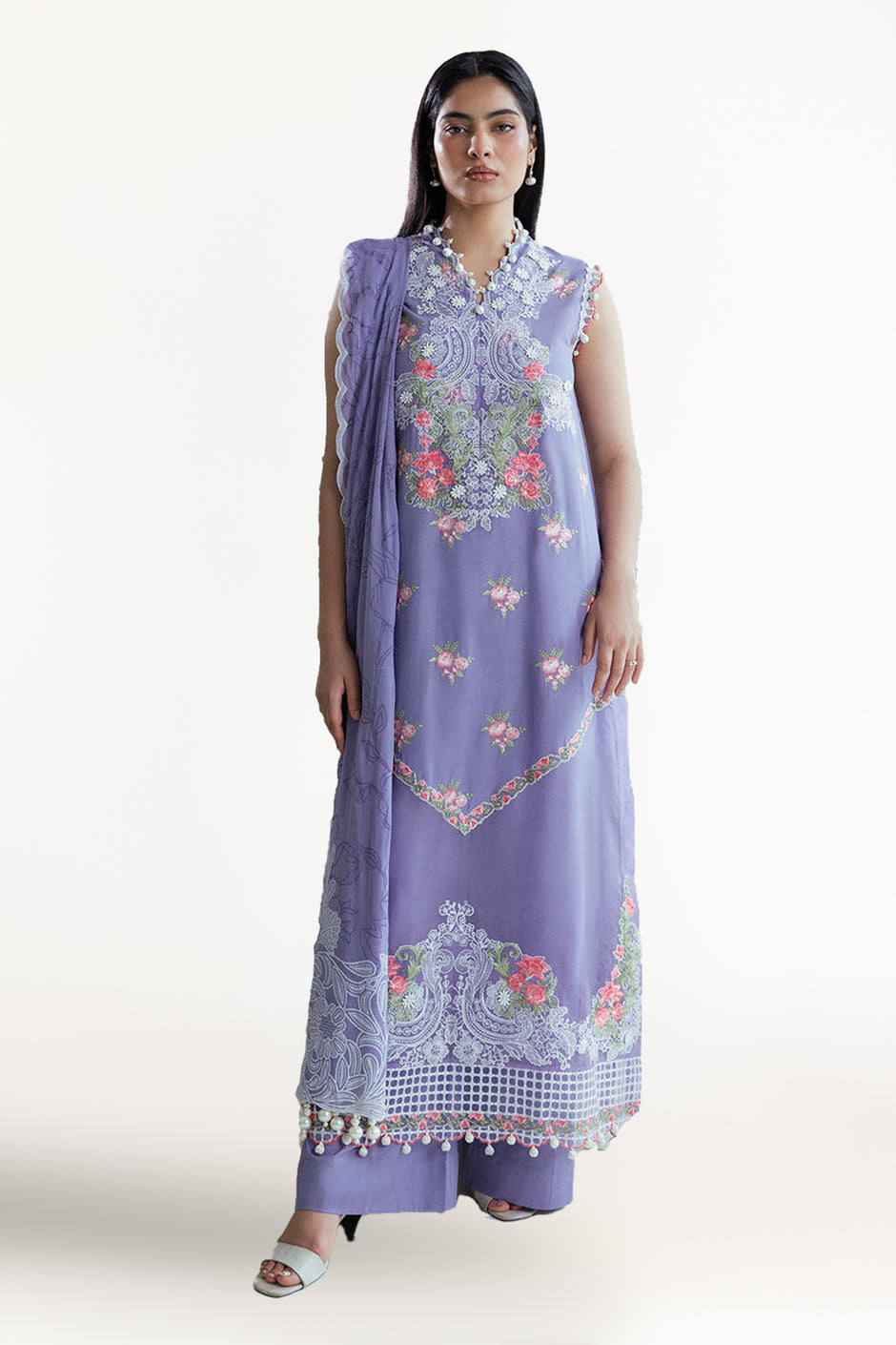 3 Piece Embroidered Lawn Suit with Neckline, Bunches and Chiffon Dupatta FE-52042